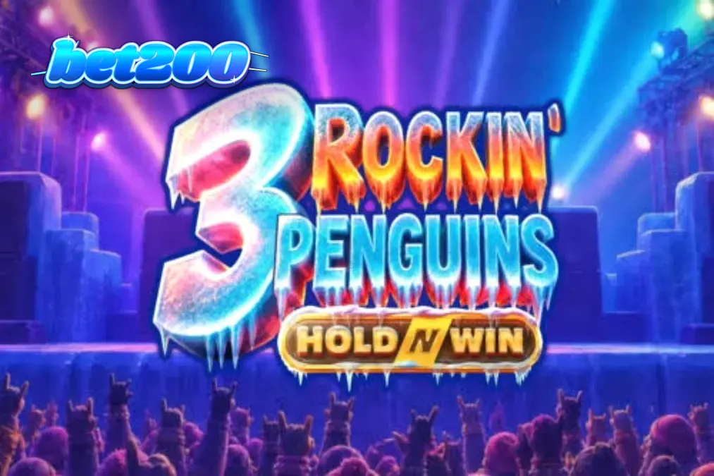 3 Rockin’ Penguins स्लॉट गेम का मोबाइल इंटरफ़ेस और पेंगुइन रॉक बैंड का प्रदर्शन